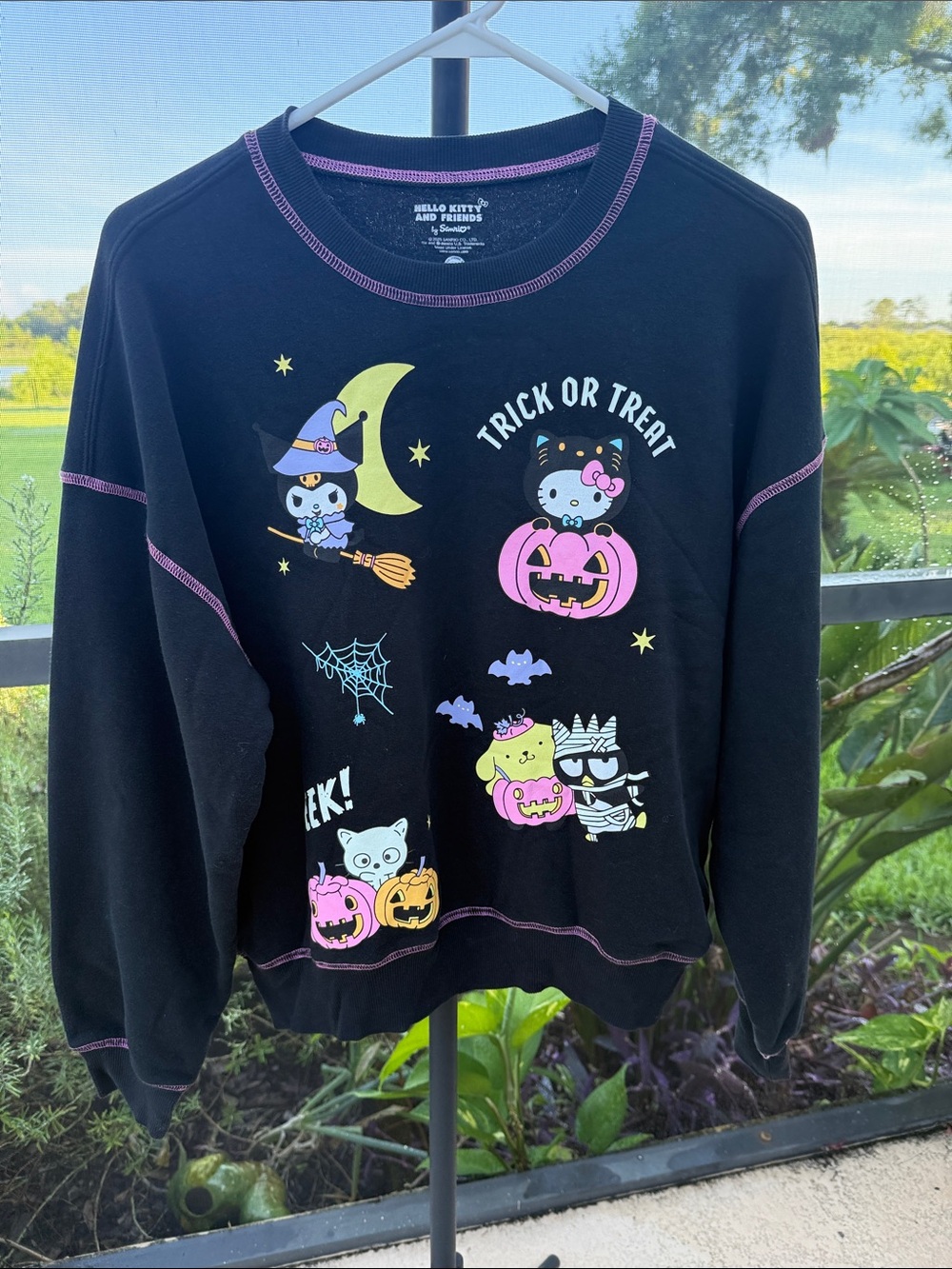 Hello Kitty Black Halloween Graphic Crewneck Sweatshirt with Pink Stitching